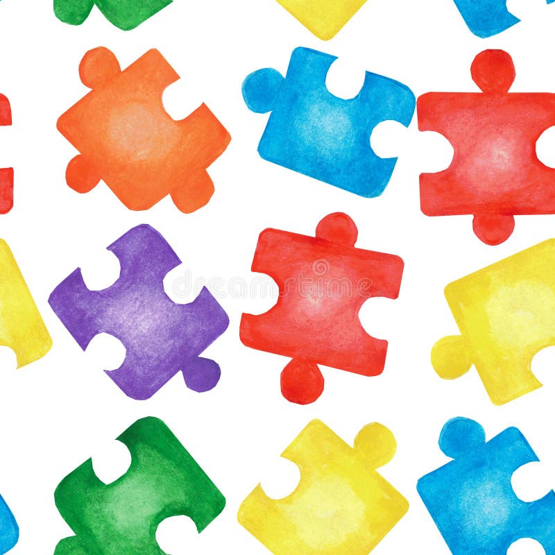 Tipar fără sudură de puzzle colorat pe fond alb. ilustrație trasă manual în acuarelă royalty free stock image