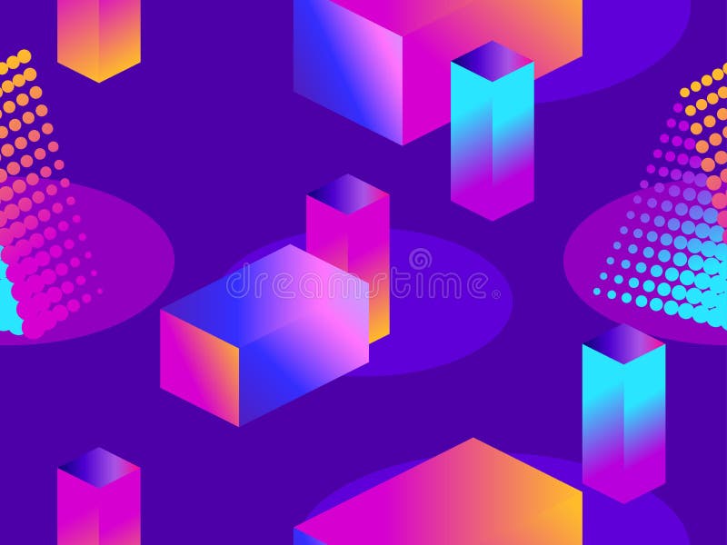 Tipar fără sudură futurist cu forme geometrice. obiecte izometrice 3d. gradient violet și albastru. retroval. vector stock illustration