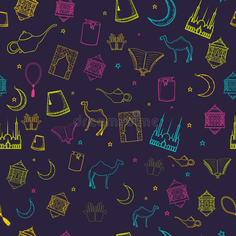 Tipar ramadan fără sudură, colorat, cu pictograme de cultură islamică în stil schiță pentru designul dvs. pe fond întunecat vector illustration