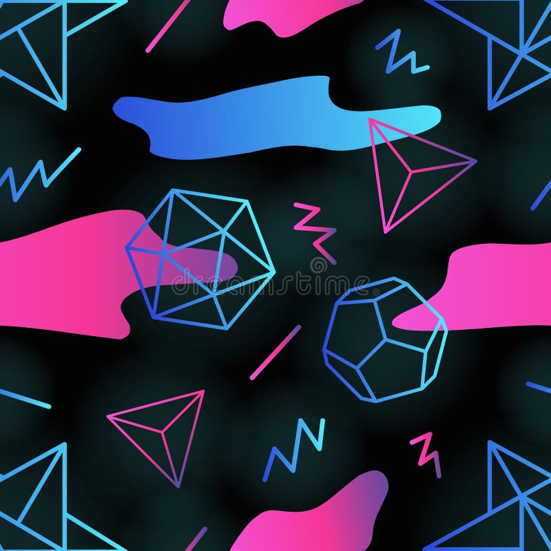 Tipar retro-futurist fără sudură, în trenuri, cu contururi de forme poligonale colorate și linii de zigzag pe linii colorate gradi vector illustration