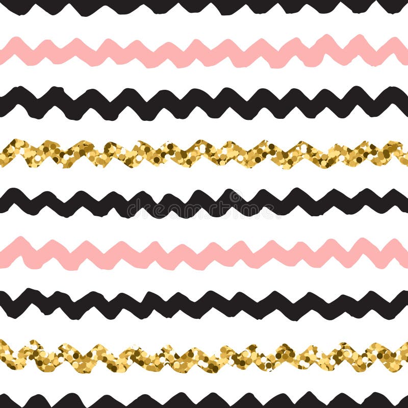 Tipar roz-negru și auriu, desenat manual, în formă de zigzag. stock illustration