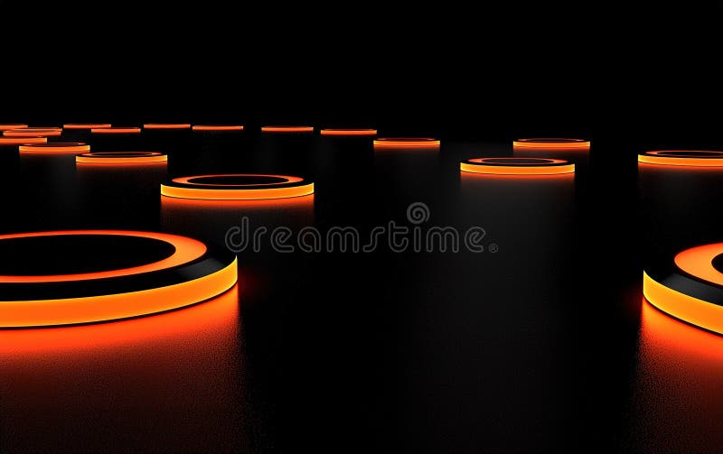 Tipare circulare iluminate pe o suprafață întunecată creează un afișaj vizual fascinant la apus într-un mediu modern stock illustration