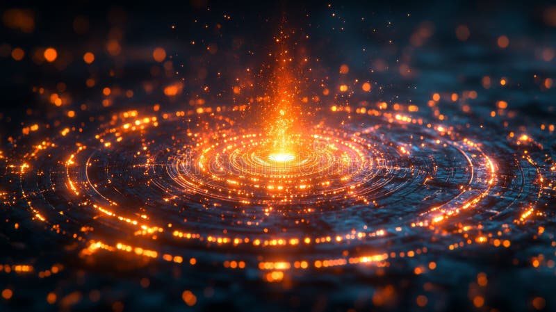 Tipare circulare strălucitoare cu scântei într-un mediu întunecat care prezintă energie dinamică și mișcare pe timp de noapte stock photo