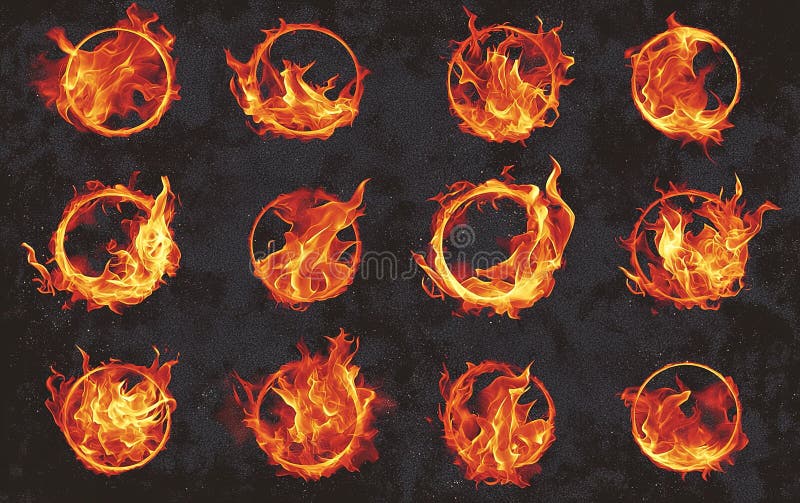Tiparele de foc care prezintă flăcări vibrante în diferite forme circulare pe un fundal texturat închis stock illustration