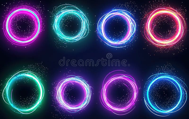 Tiparele de lumină circulară strălucitoare vibrante creează un afișaj fascinant într-un fundal întunecat în timpul unei ilustrații stock illustration