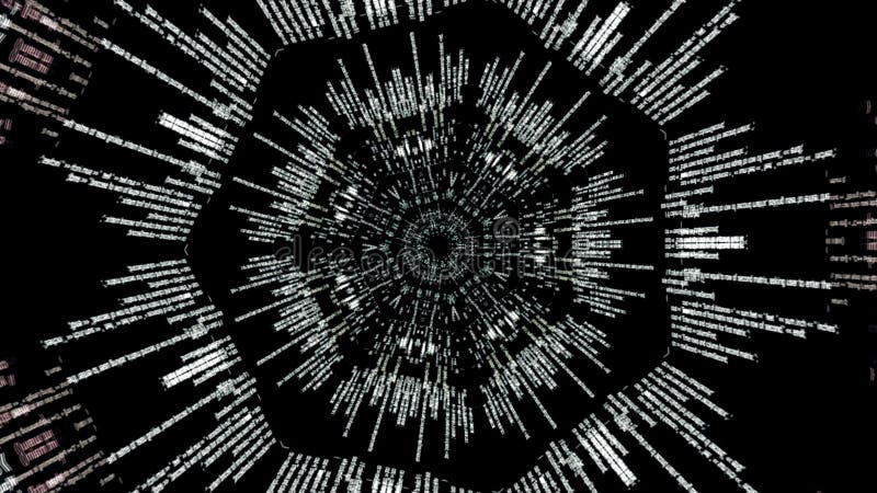 Tiparul kaleidoscop al informațiilor privind programarea datelor și a calculatoarelor pe fond negru. animație. informații abstract royalty free illustration