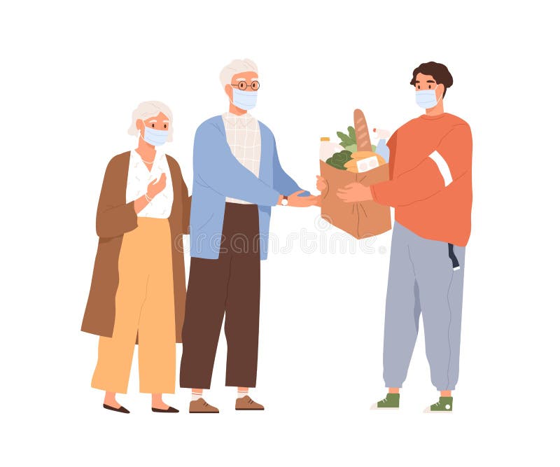 Tipo con mascarilla médica dando paquete con comida a hombre mayor y mujer vector ilustración plana. orden de envío de correo masc libre illustration