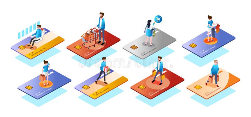 Tipo di carta di credito diverso con persone o clienti che la utilizzano, utilizzare la carta per vari utilizzi vettore illustrati illustrazione vettoriale