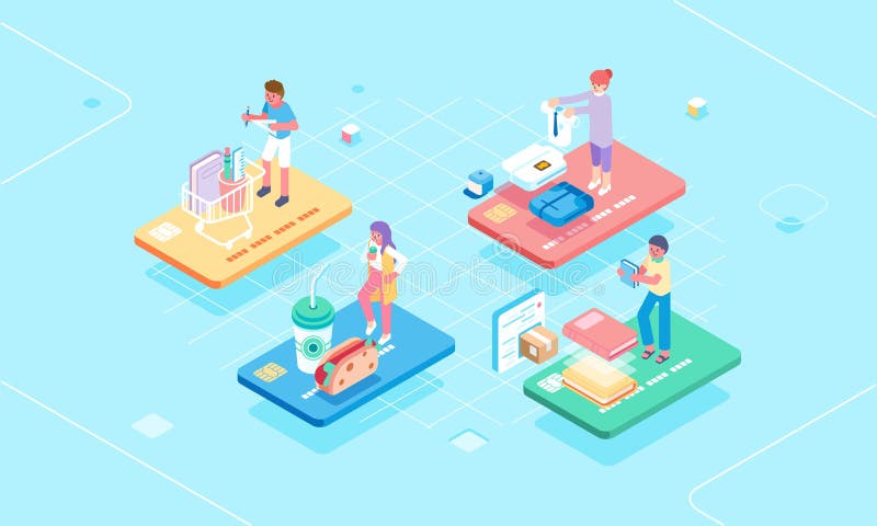 Tipo di carta di credito isometrica con persone o clienti che la utilizzano per varie esigenze. shopping - educazione all'abbiglia illustrazione vettoriale