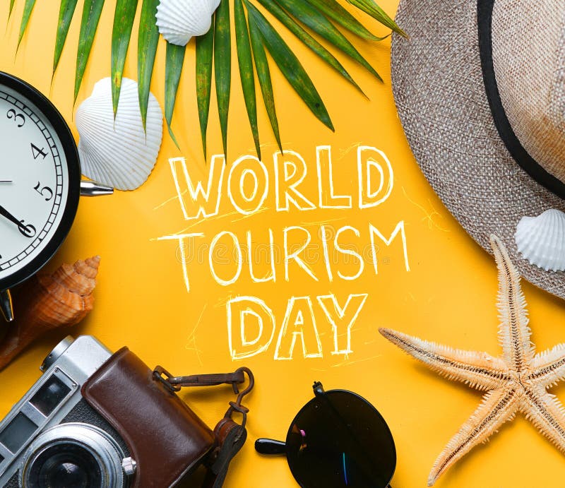Tipografia di giorno di turismo di mondo Festa di viaggio Vacatio di disposizione piana