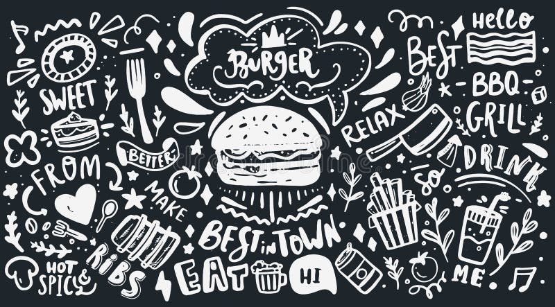 Tipografía del Muro del Restaurante Vector Food BQ fondo, menú de café motivador con letras en pizarra