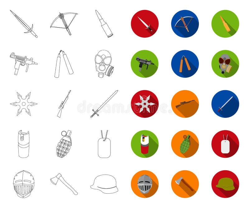 Tipos de esquema de las armas, iconos planos en la colección determinada para el diseño Las armas de fuego y las armas aplanadas stock de ilustración Tipos de esquema de las armas, iconos planos en la colección determinada para el diseño Las armas de fuego y las armas aplanadas stock de ilustración