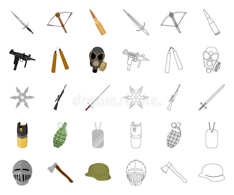 Tipos de historieta de las armas, iconos del esquema en la colecci?n determinada para el dise?o Las armas de fuego y las armas ap stock de ilustración Tipos de historieta de las armas, iconos del esquema en la colecci?n determinada para el dise?o Las armas de fuego y las armas ap stock de ilustración