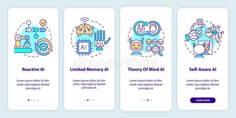 Tipos de inteligencia artificial en pantalla de aplicación móvil stock de ilustración