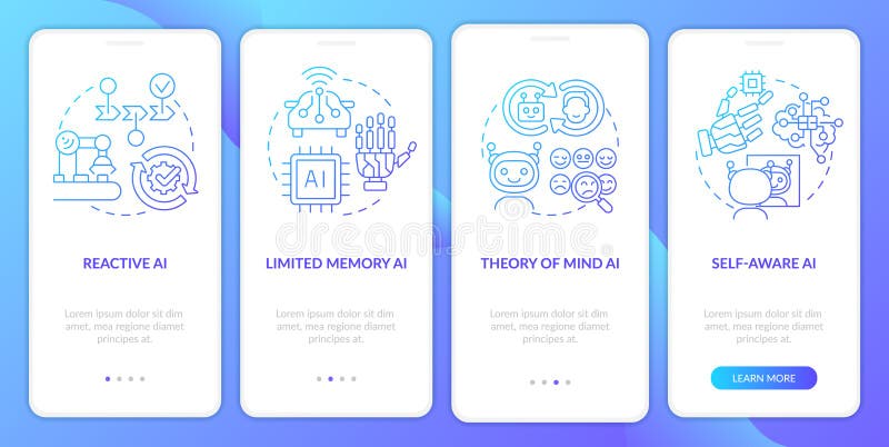 Tipos de inteligencia artificial pantalla de aplicación móvil con gradiente azul libre illustration