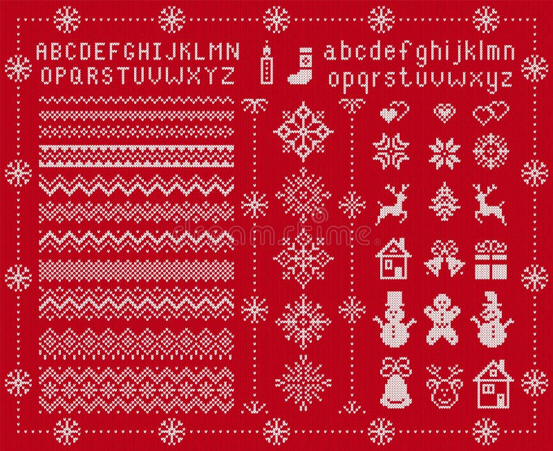 Knit font and xmas elements . Vector. Christmas seamless borders. Sweater pattern. Fairisle ornament with type, snowflake, deer, bell, tree, snowman, gift box. Knitted print. Red textured illustration. Knit font and xmas elements . Vector. Christmas seamless borders. Sweater pattern. Fairisle ornament with type, snowflake, deer, bell, tree, snowman, gift box. Knitted print. Red textured illustration