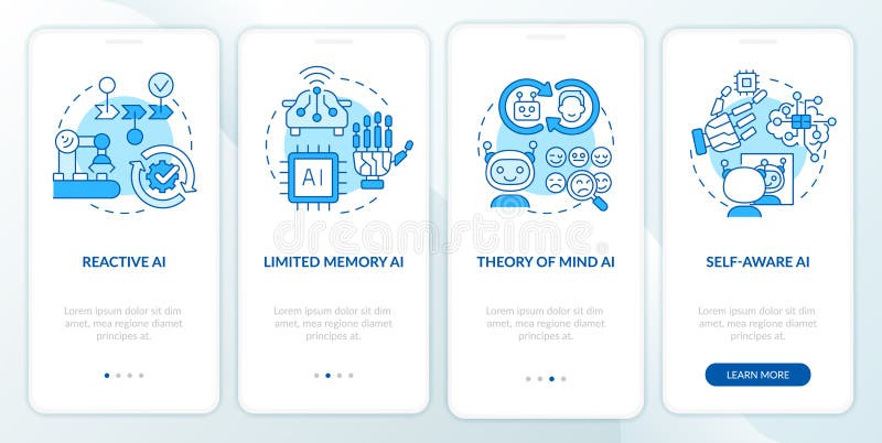 Tipos de pantalla de aplicación móvil onboarding azul de inteligencia artificial libre illustration