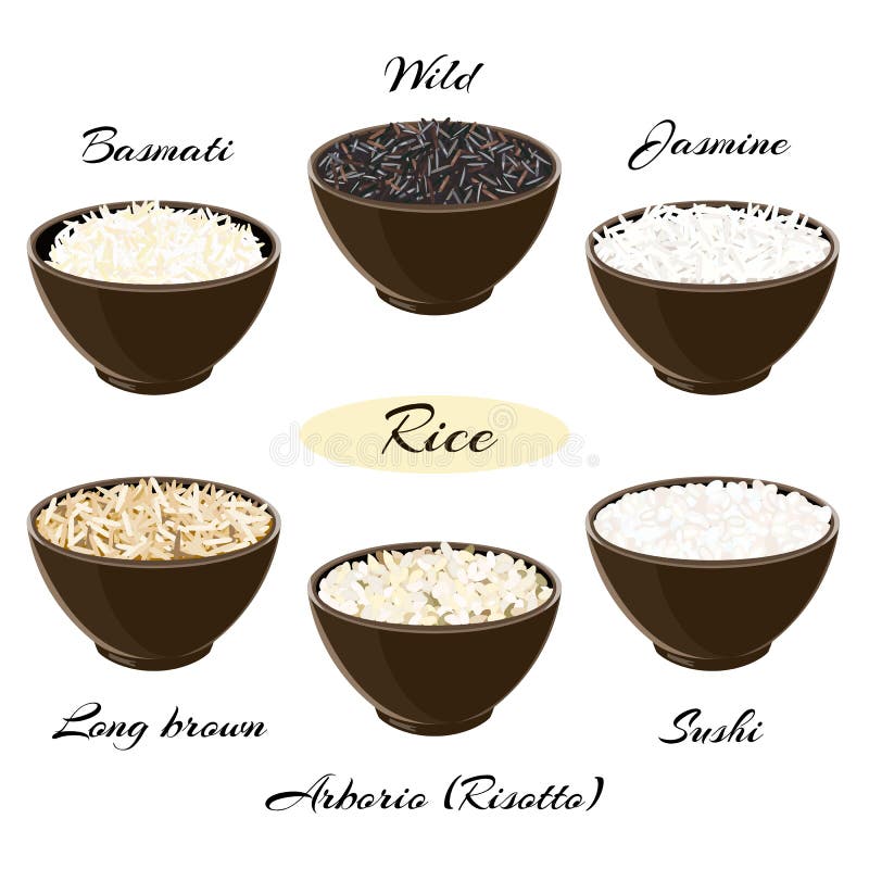 Tipos diferentes de arroz em umas bacias ilustração royalty free Tipos diferentes de arroz em umas bacias ilustração royalty free