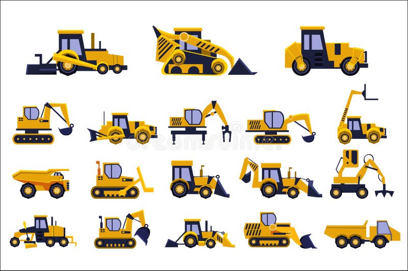 Tipos diferentes de caminhões ajustados, equipamento pesado da construção, ilustrações do vetor dos veículos da construção em um