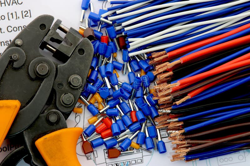 Tips for Copper Wires, Colored Copper Wires and Mounting Tools. Stock Photo Image of wheel
