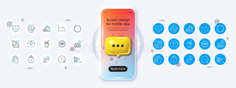 Pictograme pentru casete de sugestii și linii de linii de linii de diagramă. tipărire aplicație Web. mockup telefon cu pictogramă stock illustration