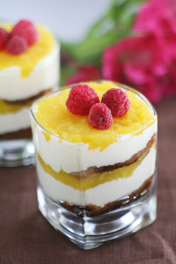 Tiramisu fait maison dans un verre avec la mangue image stock Tiramisu fait maison dans un verre avec la mangue image stock