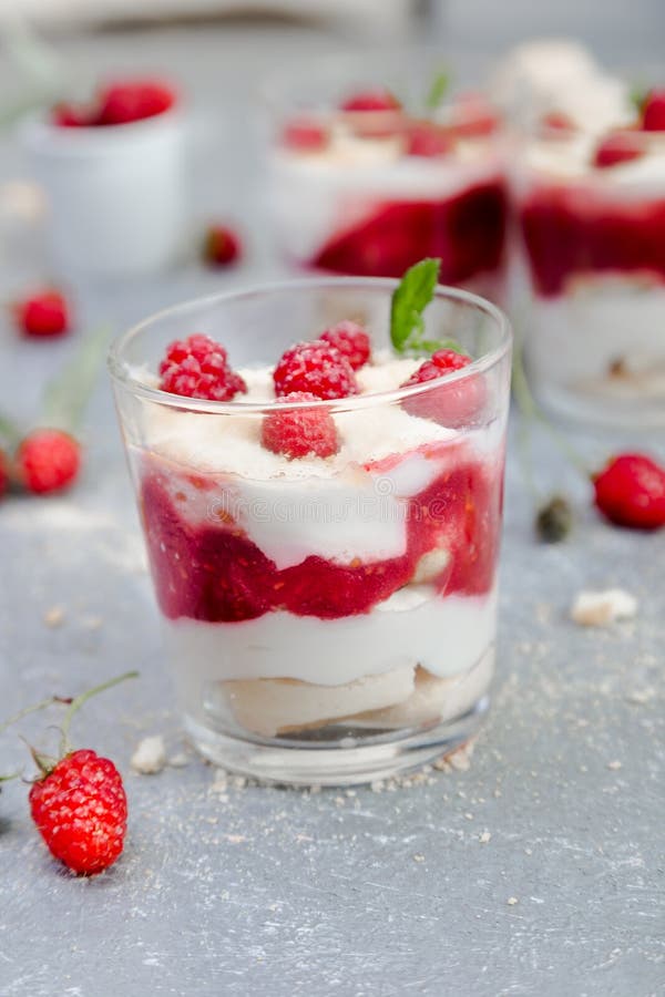 Tiramisu with Raspberry in Glasses on Grey Background. Three Portion ...