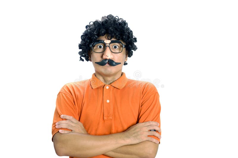 Portrait of an Asian man wearing wig, comical eyeglasses and mustache on white background. Portrait of an Asian man wearing wig, comical eyeglasses and mustache on white background.