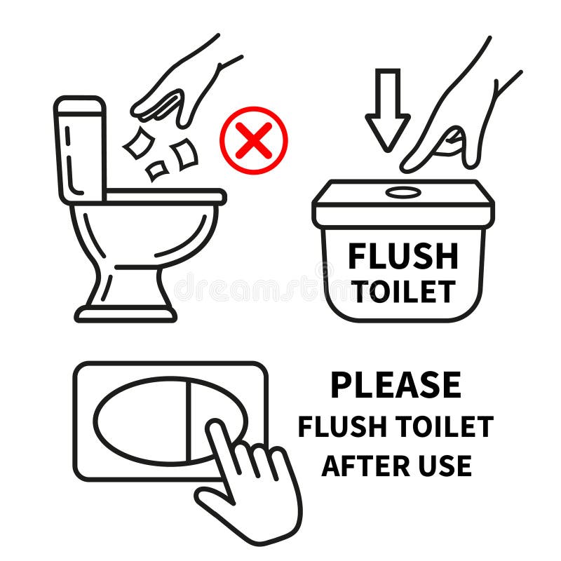 Tirar agua en el inodoro después de su uso no tirar papel de basura en el cuenco del baño. botón de presión manual tanque de lavad ilustración del vector