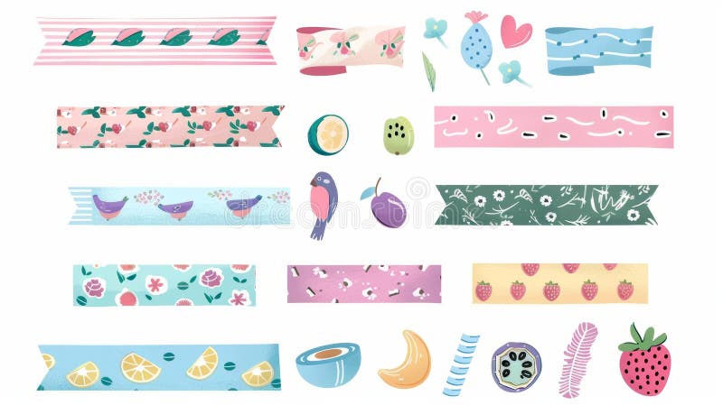 Paper strips with cute patterns, Japanese adhesive tapes with pastel decoration with birds, fruit, and ice cream, modern cartoon set with washi tapes.. AI generated. Paper strips with cute patterns, Japanese adhesive tapes with pastel decoration with birds, fruit, and ice cream, modern cartoon set with washi tapes.. AI generated