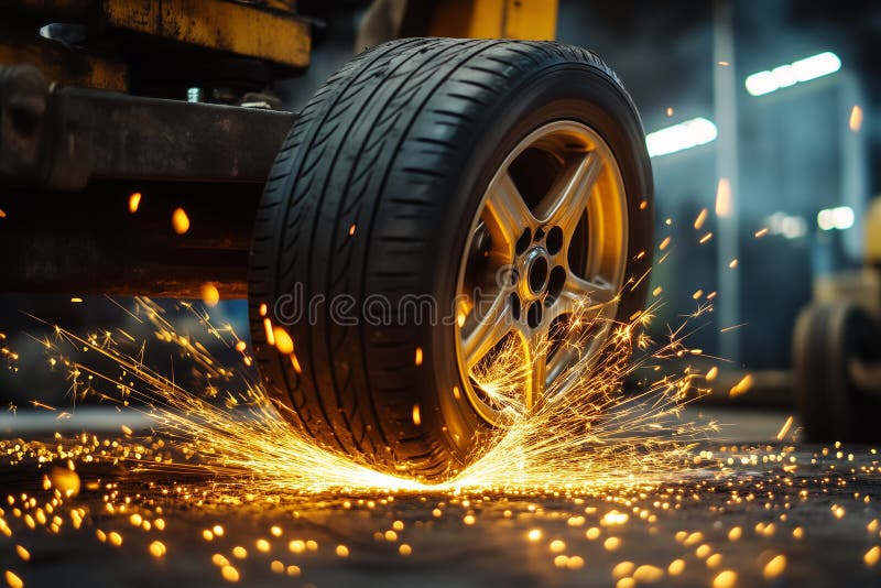Tire balancing machine efficiently spinning and adjusting tires in a workshop, showcasing precision in motion with sparks flying royalty free stock photos