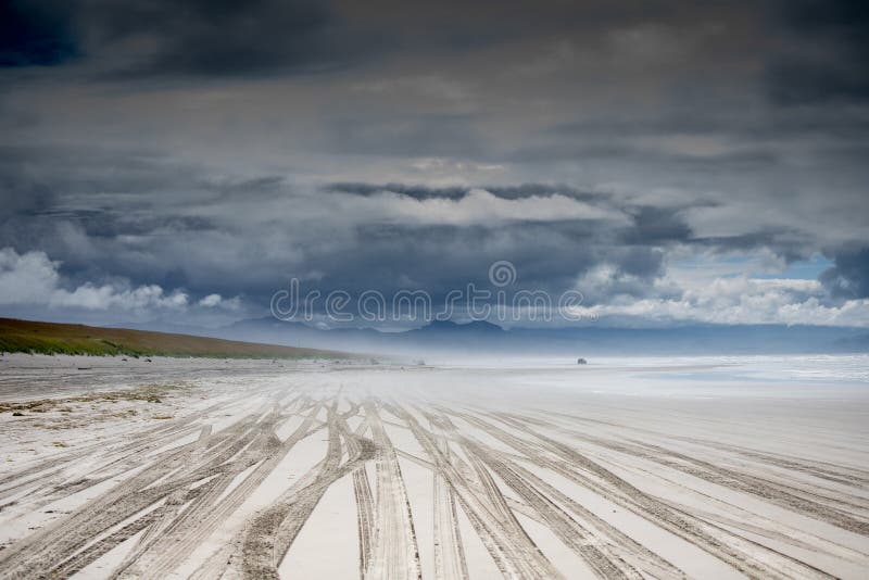 Tire Marks Left in the Sand from Trucks Driving on the Beach Stock