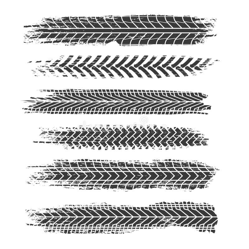 Tire tracks. Motorcycle, car and truck dirty grunge road tire prints. Tread automobile vector isolated set