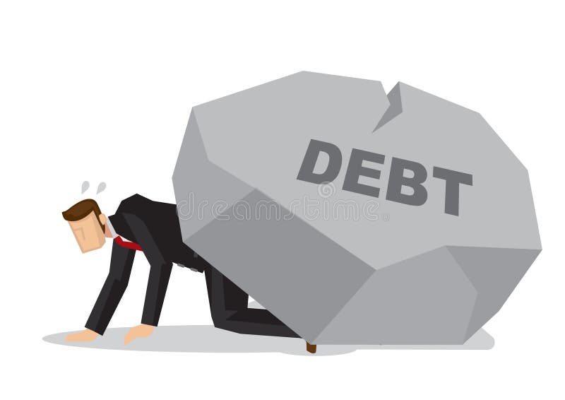 Tired businessman under a giant rock title debt. Corporate business crisis, disaster, misfortune or fail concept. Isolated vector