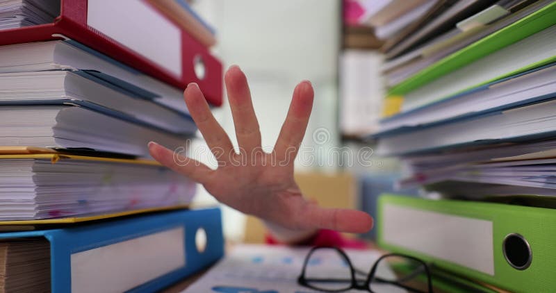 Tired Businesswoman Looking Through Stack Of Paper Files And Lending Tired Businesswoman Looking Through Stack Of Paper Files And Lending