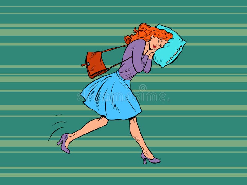A tired businesswoman sleeps on the move. Goes to work in the morning with his head on a pillow