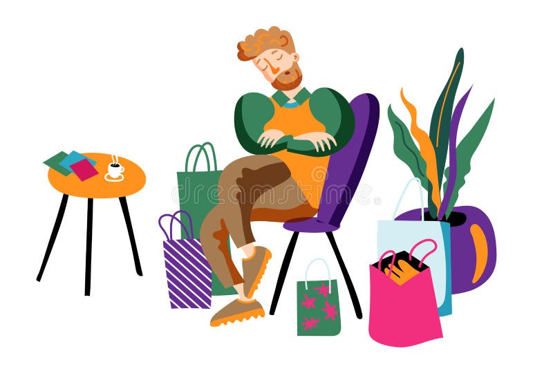 Tired husband in boutique flat vector illustration vector illustration