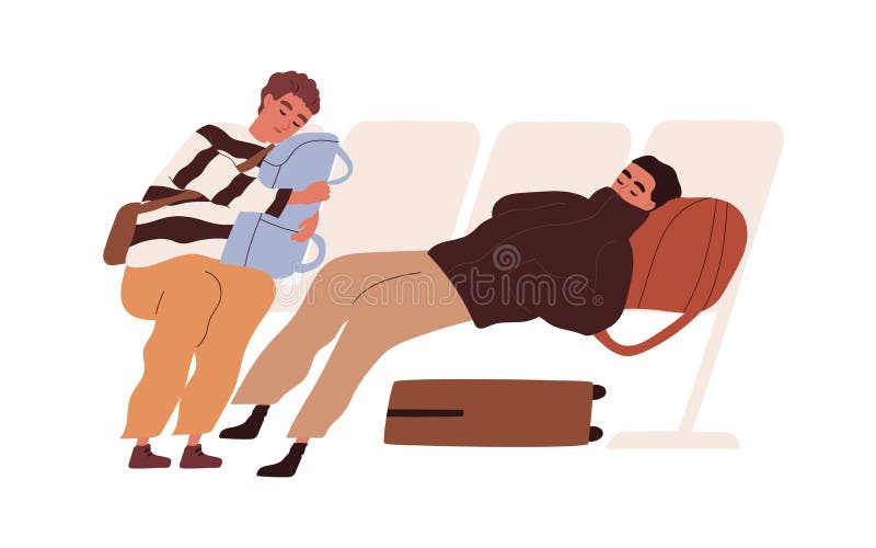 Tired passengers with suitcases sleeping in chairs and waiting for delayed flight. Young travelers with luggage napping