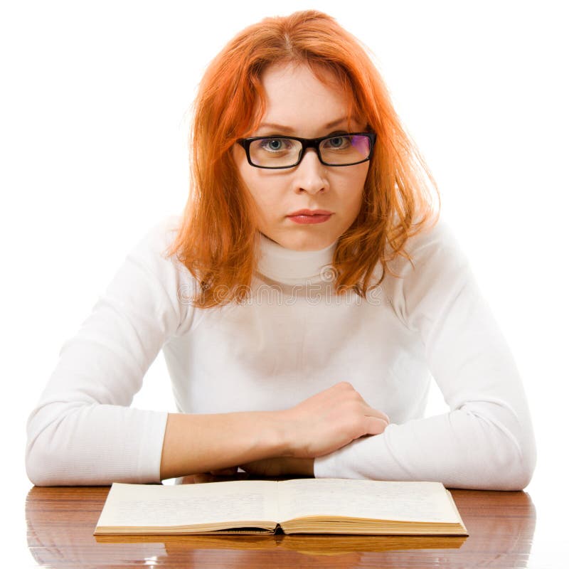 Tired Red Haired Girl In Glasses With Books Stock Image Image Of