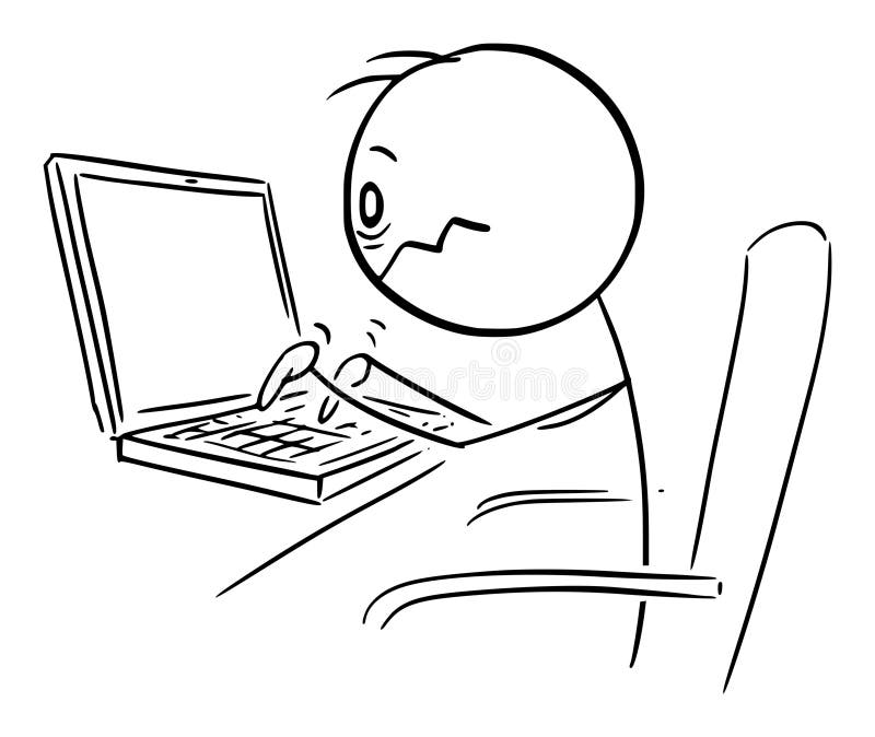 Stressed Person Working on Computer, Vector Cartoon Stick Figure Illustration royalty free illustration