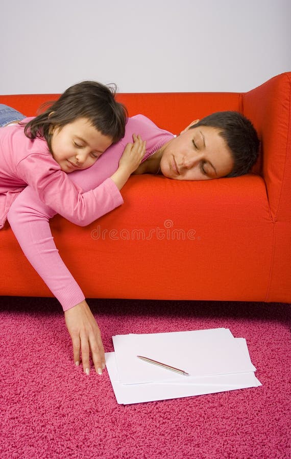 Tired woman and her daughter