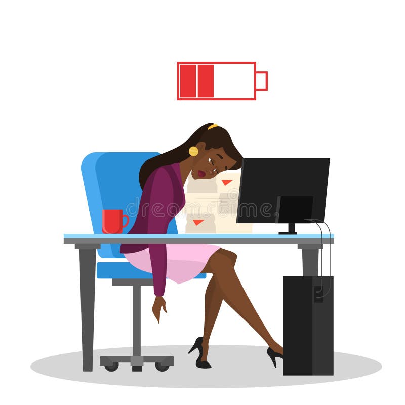 Tired woman sitting in office at the table. Bored worker at the workplace. Sleepy exhausted girl and many work. Vector illustration in cartoon style