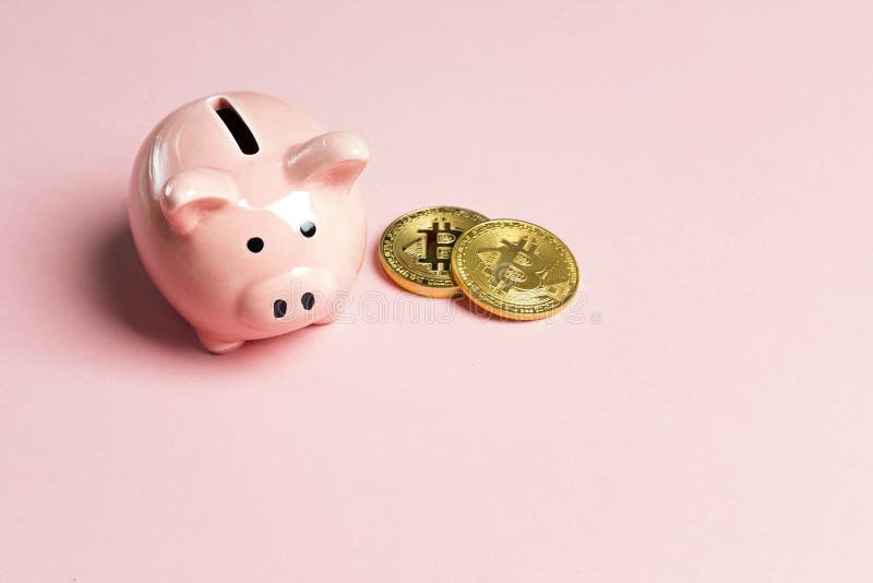Tirelire avec le bitcoin sur le fond rose Copiez l'espace pour le texte photos stock Tirelire avec le bitcoin sur le fond rose Copiez l'espace pour le texte photos stock