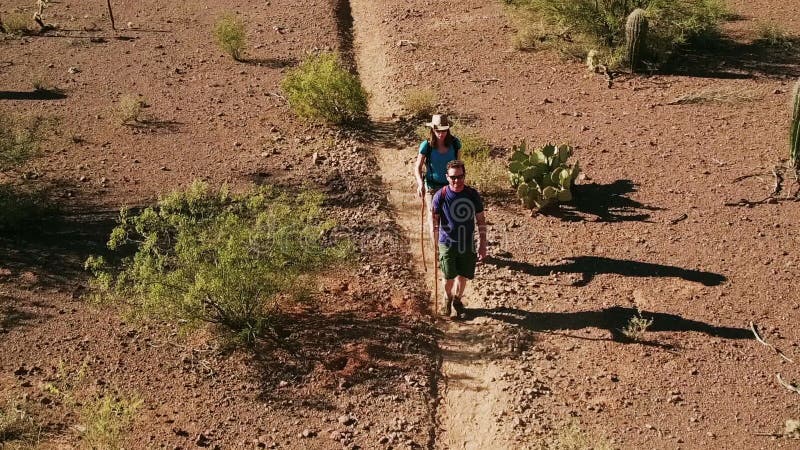 Tiro aéreo de caminhantes do deserto na fuga áspera