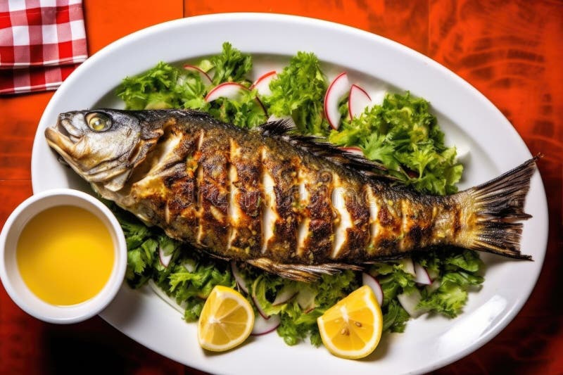 Tiro aéreo de um robalo grelhado colocado junto a uma tigela de salada imagens de stock