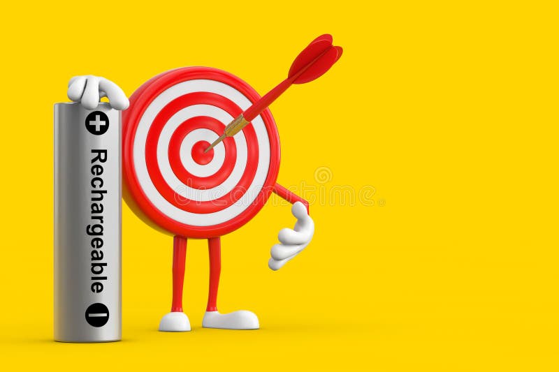 Archery Target and Dart in Center Cartoon Person Character Mascot with Rechargeable Battery on a yellow background. 3d Rendering. Archery Target and Dart in Center Cartoon Person Character Mascot with Rechargeable Battery on a yellow background. 3d Rendering