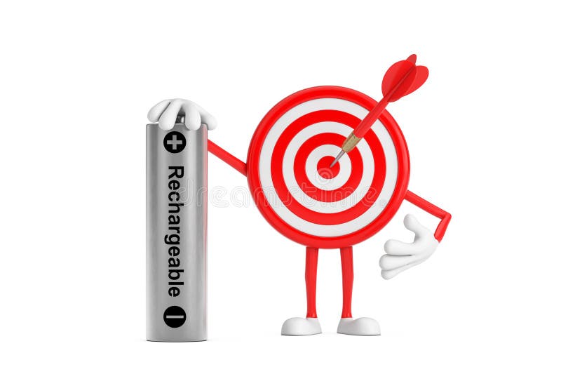 Archery Target and Dart in Center Cartoon Person Character Mascot with Rechargeable Battery on a white background. 3d Rendering. Archery Target and Dart in Center Cartoon Person Character Mascot with Rechargeable Battery on a white background. 3d Rendering