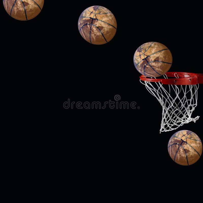 Display basketball while going through a basketball hoop. The ball is with the appearance of the globe, all isolated on a black background. Display basketball while going through a basketball hoop. The ball is with the appearance of the globe, all isolated on a black background.