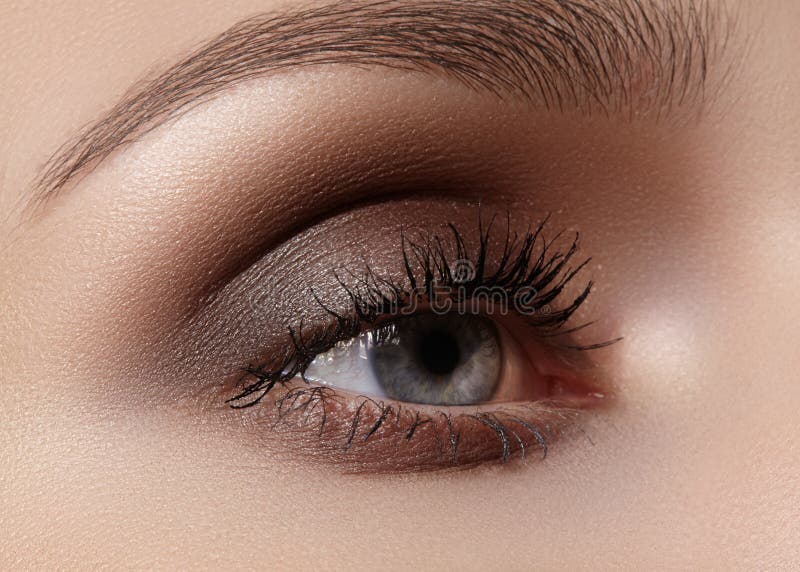 Tiro macro hermoso del ojo femenino con maquillaje ahumado Forma perfecta de cejas imagenes de archivo Tiro macro hermoso del ojo femenino con maquillaje ahumado Forma perfecta de cejas imagenes de archivo