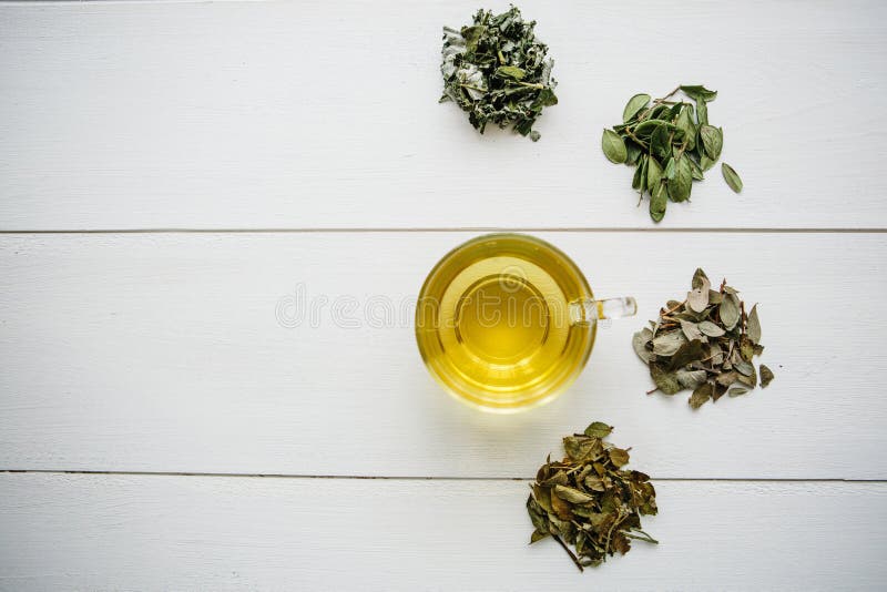 Tisana perfumada e saudável fresca em um vidro ou em uma caneca em uma superfície de madeira branca Ao lado dele várias ervas sec imagem de stock royalty free Tisana perfumada e saudável fresca em um vidro ou em uma caneca em uma superfície de madeira branca Ao lado dele várias ervas sec imagem de stock royalty free